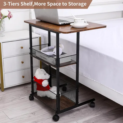 Vista 4 de Mesa auxiliar en forma de C con cesta de almacenamiento, mesa de sofá pequeña con ruedas para sofá reclinable, mesas auxiliares color marrón rústico