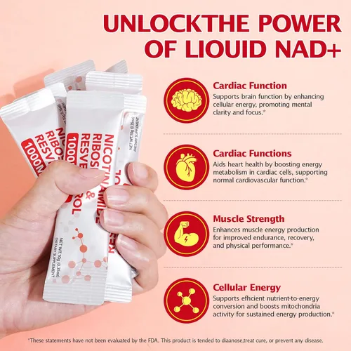 Vista 7 de Suplemento NAD+ 1000 mg paquetes líquidos 21 piezas, resveratrol de ribósido de nicotinamida, suplementos NAD para mujeres y hombres