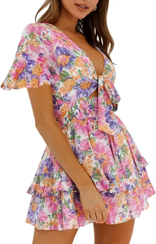 Vista 5 de Relipop Vestido floral de verano para mujer cuello en V lazo en el busto manga acampanada cintura elástica dobladillo con volantes vestidos casuales