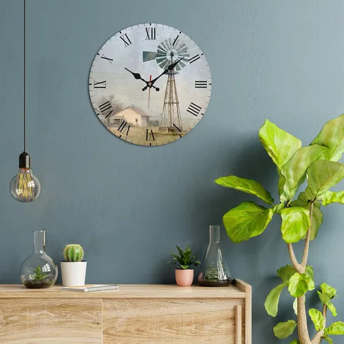Vista 2 de Windmill House Wooden Wall Clock with Roman Numerals for Retro Decor 25 * 25cm