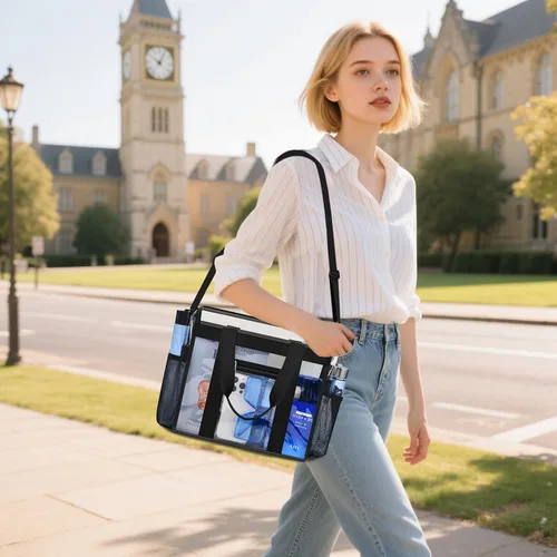 Vista 2 de Bolsa transparente para eventos en estadios, bolsa transparente con cremallera y correa 12" x 6.5" x 11.5" Clear Crossbody Bag with Dual