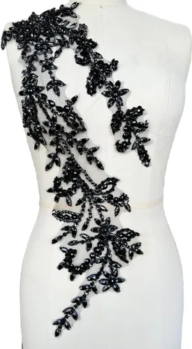 Vista 9 de Parches de lentejuelas brillantes de acrílico hechos a mano en encaje, con cuentas y piedras, para coser, accesorios para vestido de novia (negro)