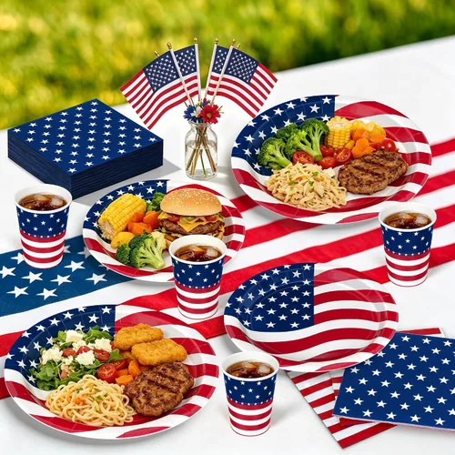 Vista 6 de 96 Pcs 4th of July Party Supplies Set, 250th Anniversary American Flag Patriotic Plates Napkins Cups, Disposable Red White Blue Star and Striped