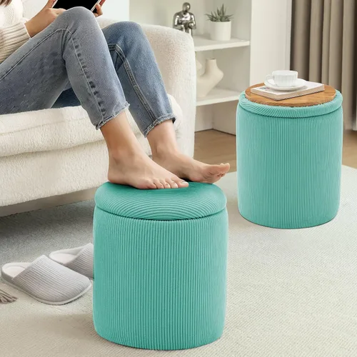 Vista 2 de YSICK Otomana redonda con almacenamiento, juego de 2, taburete de tocador pequeño como silla de tocador, otomana de corduroy para reposapiés