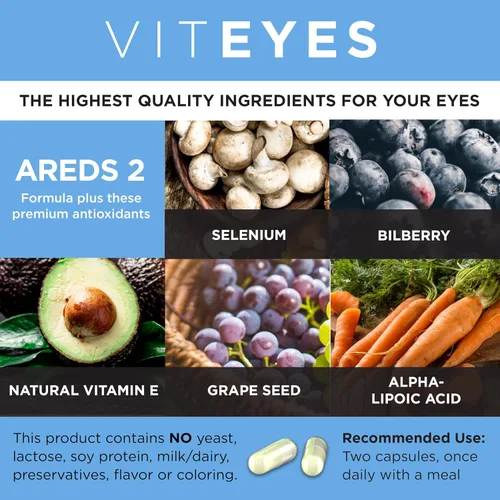 Vista 3 de Viteyes AREDS 2 Soporte macular avanzado con arándano, semilla de uva, luteína FLORAGLO, selenio, vitamina E natural, libre de alérgenos, vitaminas