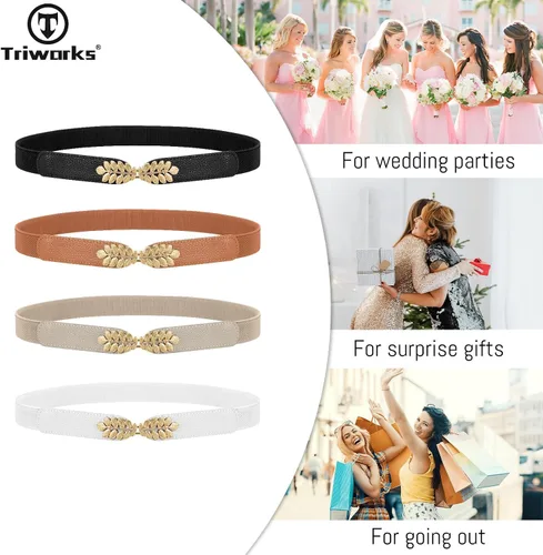 Vista 7 de Paquete de 4 cinturones elásticos ajustados para mujer, cinturón elástico de aleación de hojas para vestidos
