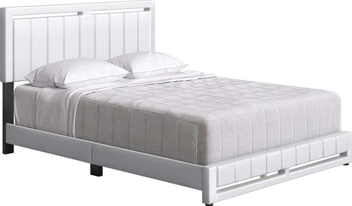 Vista 4 de Beaumont - Cama de plataforma tapizada con cabecero, base de colchón con 14 soportes de listones de madera, no requiere somier, piel sintética