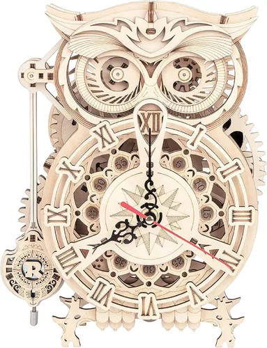 Vista 7 de ROKR Rompecabezas de madera 3D para adultos, kits de reloj mecánico, reloj de búho, kits de construcción de modelos de bricolaje, rompecabezas