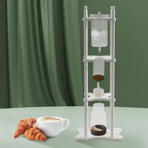 Vista 6 de Cafetera de goteo de hielo, 84.54 onzas, cafetera retro para el hogar, con recipiente de vidrio vertical japonés y soporte de madera, cafetera
