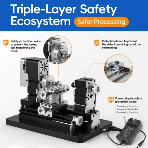 Vista 3 de Mini torno de metal de 60 W, 12,000 RPM, herramienta de 4 ejes para plástico acrílico de madera de metal suave, micro torno de precisión