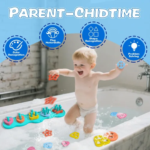 Vista 2 de Juguetes de baño con succión para bebé, juguete de baño de silicona sin moho, clasificador y apilable, juguetes sensoriales y el mejor regalo