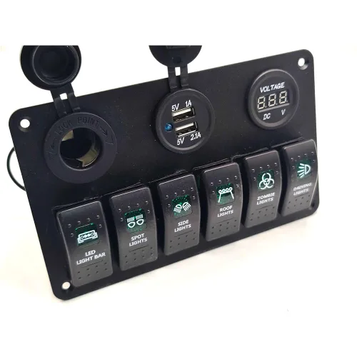 Vista 3 de Panel de interruptores para uso de barcos marinos automotrices con interruptores de 6 cuadrillas Puertos USB duales Medidor de voltaje DC12 24V