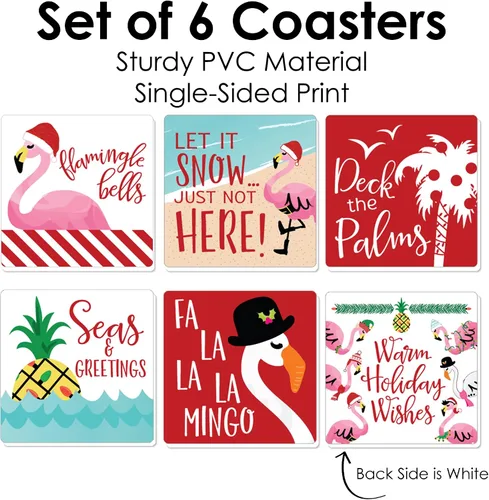 Vista 4 de Big Dot of Happiness Flamingle Bells - Divertidas decoraciones tropicales para fiestas de Navidad, posavasos para bebidas, juego de 6