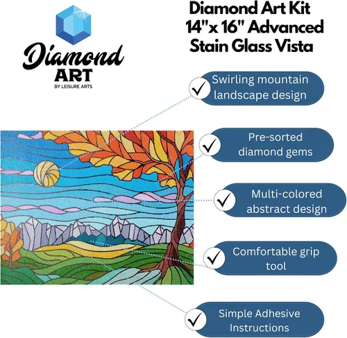 Vista 2 de DIAMOND ART BY LEISURE ARTS Kits de pintura de diamantes para adultos de 16 x 20 pulgadas, vista avanzada de vidrio tintado, taladro completo, kits