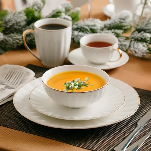 Vista 7 de Brew To A Tea BTaT- Juego de 6 cuencos de sopa, 16 onzas, porcelana blanca con borde dorado, cuencos para cocina, cuencos de cocina, ensaladeras