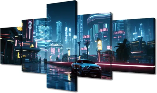 Vista 98 de Póster de 5 paneles en lienzo para decoración de pared, diseño de centro urbano Cyberpunk, impresión moderna, decoración de pared para el hogar