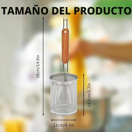 Vista 3 de Colador de Pasta de Acero Inoxidable, 2 piezas Colador de Fideos y Dumplings de Alimentos Microperforado con Mango de Madera, Cestas para Colar