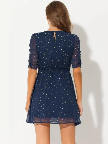 Vista 3 de Allegra K Vestido de gasa acampanado para mujer, vestido corto de manga fruncida con estrellas metálicas doradas