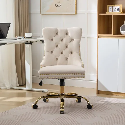 Vista 3 de Bonita silla de tocador beige con ruedas, silla de escritorio de oficina cómoda sin brazos de terciopelo para el hogar, silla giratoria