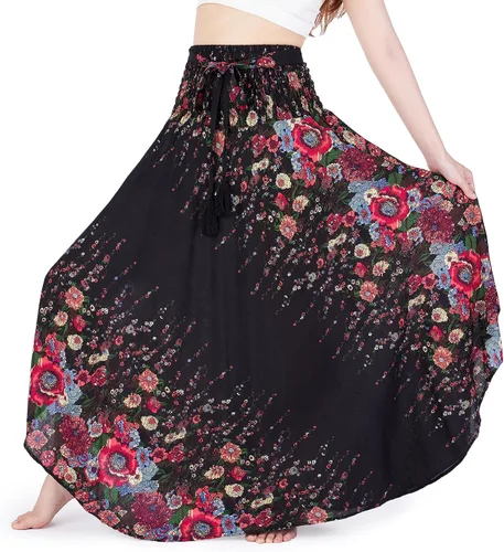 Vista 17 de Lannaclothesdesign - Falda larga para mujer de estilo bohemio, gitano, hippie, ropa de falda boho Rosa doble negra