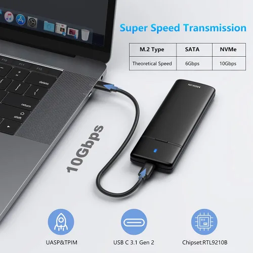 Vista 2 de MOKiN - Lector de carcasa SSD SATA M.2 NVMe de 10 Gbps, funda sin herramientas Lector adaptador NVMe PCIe SSD a USB C con carcasa de aluminio