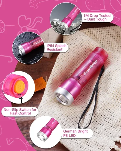 Vista 4 de Everbrite linterna mini, linterna LED con 3 modos, incluye 3 pilas AAA, linterna pequeña resistente al agua para emergencias y campamento, rosa