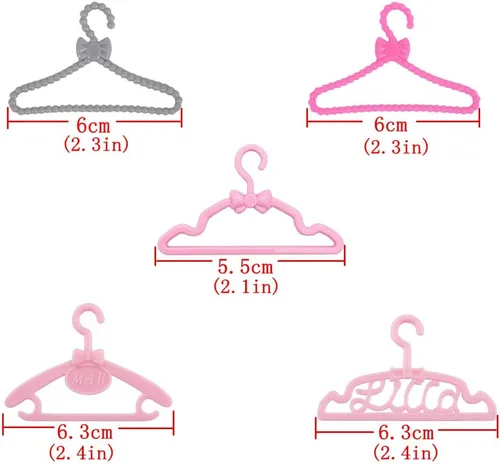 Vista 2 de E-TING 60 piezas de mini perchas de ropa para muñecas de 11.5 pulgadas Perchas pequeñas de plástico mezcladas para muñeca, ropa de armario