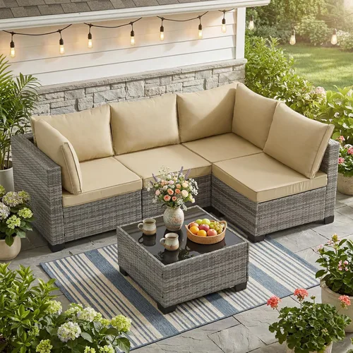 Vista 12 de ANJ Juego de muebles de mimbre para patio de 3 piezas, sofá modular de dos plazas con mesa de centro de cristal, juego de sofá de conversación