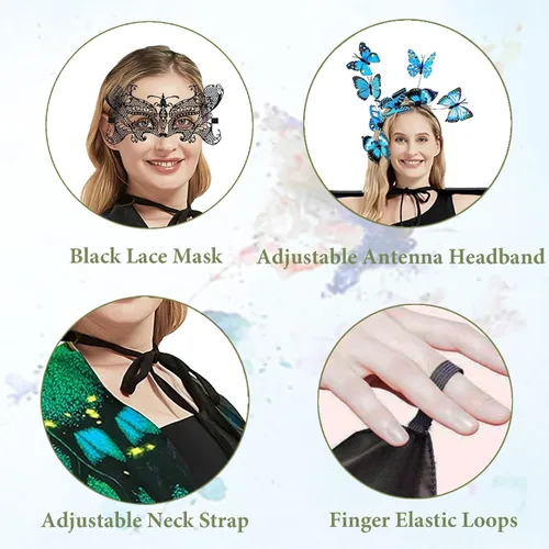 Vista 5 de Disfraz de alas de mariposa para mujer, alas de hada, disfraces de Halloween, capa de mariposa con máscara y diadema Azul-2