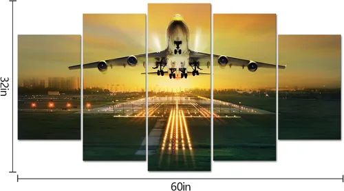 Vista 5 de VVOVV Wall Decor 5 piezas de arte de pared en lienzo de avión, hermoso paisaje nocturno de aeropuerto, imagen de decoración de avión, enmarcado