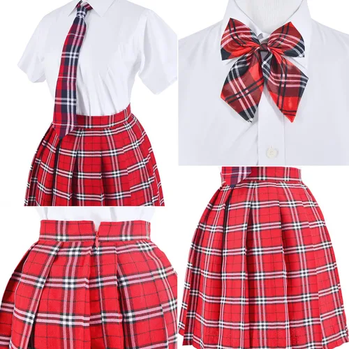 Vista 6 de Uniforme escolar japonés de tartán plisado para cosplay disfraz con calcetines gafas marco conjunto