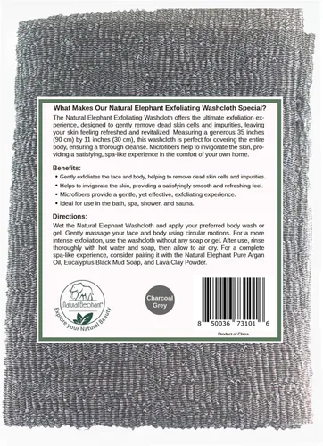 Vista 3 de Natural Elephant Paño exfoliante gris carbón japonés limpiador de ducha para cuerpo (paquete de 2 (2 paños))