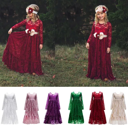 Vista 7 de Vestido de primera comunión con encaje blanco para niñas, boda, dama de honor, fiesta, bautizo, princesa, Aline, bohemio, rústico, baile, Blanco