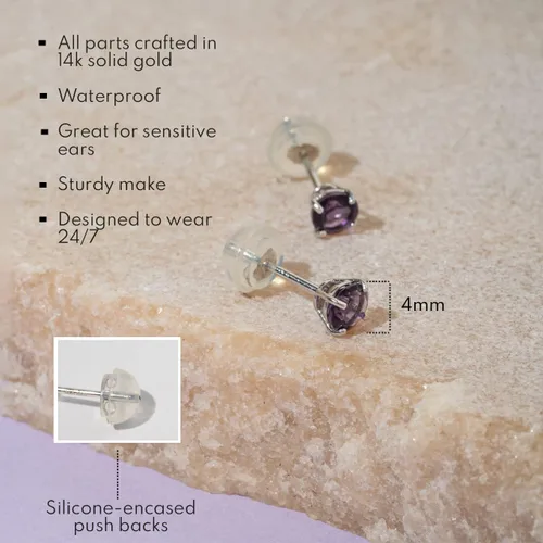 Vista 3 de 14k Gold Round Stud Earrings for Women Small 4mm Birthstone Earrings Real Gold Gemstone Earrings for Women Gemstone Stud Earrings for Women by