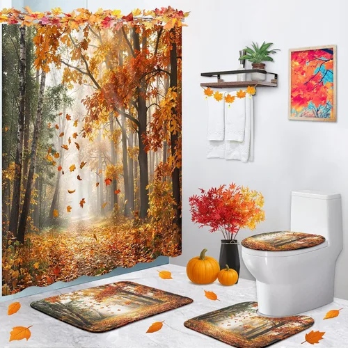 Vista 2 de ArtSocket Juegos de baño de otoño con cortina de ducha y alfombras, arce