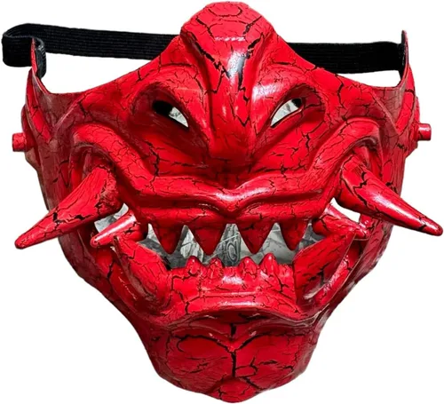 Vista 8 de Máscara de monstruo japonés Hannya Demon Oni Samurai Half Face Shield Crack Style Negro