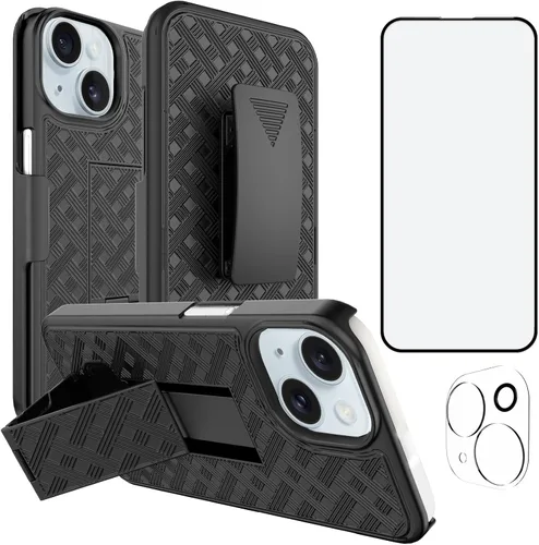Vista 10 de Ailiber - Funda con clip para cinturón para iPhone 13/14, protector de pantalla, color negro Swivel Stand Holder, Slim Shell Slide Pouch Full Body