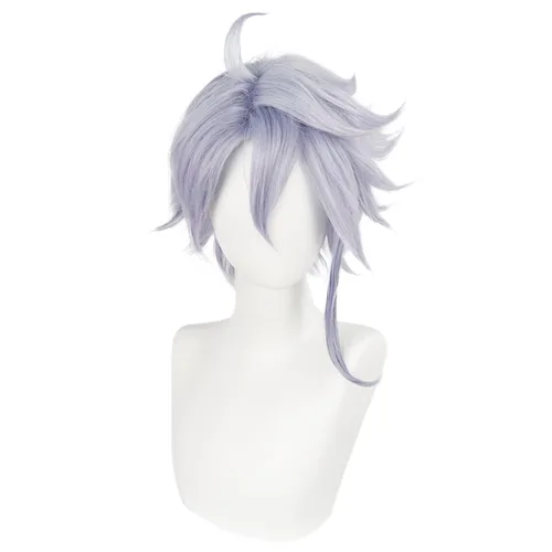 Vista 2 de JoneTing Azul Ashengrotto Peluca + Gorro para el cabello Peluca gris púrpura Anime Cosplay peluca sintética corta púrpura claro ondulado pelucas