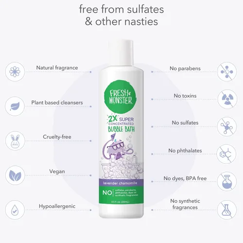 Vista 4 de Fresh Monster Baño de burbujas espumoso para niños, hipoalergénico, natural para niños y niños pequeños, súper concentrado, aroma calmante a