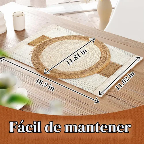 Vista 3 de Juego de 6 manteles individuales hechos a mano, hechos a mano, arpillera de algodón natural y paja de agua, combinados, decoración de macramé