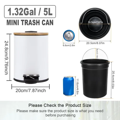 Vista 2 de SIDIANBAN Cubo de basura pequeño para baño con tapa de bambú, cierre suave y pedal de pie, cubo de basura redondo de 1.3 gales/5 litros con papelera