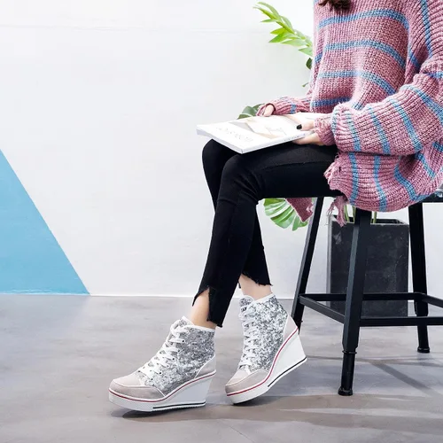 Vista 5 de Zapatos de lona de tacón alto para mujer, zapatos casuales de moda, tenis brillantes para caminar, plataforma, cuñas, zapatos de tacón