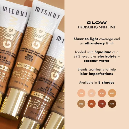 Vista 5 de Milani Tinte hidratante para la piel Glow - de medio a oscuro, acabado brillante, cobertura ligera, libre de crueldad