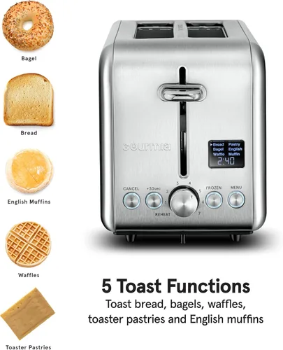 Vista 4 de Gourmia Tostadora digital – Capacidad de 2 rebanadas con pantalla LED, 5 funciones de tostado (pan, bagel, gofre, pastelería, magdalena inglesa), 7
