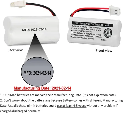 Vista 2 de iMah BT162342/BT262342 2.4V 300mAh Ni-MH batería inalámbrica para teléfono, también compatible con BT183342/BT283342 AT&T EL52351 TL90070 VTech