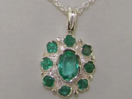 Vista 6 de Ladies Solid 925 Sterling Silver Natural Emerald Pendant Necklace with English Hallmarks