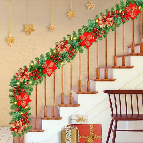 Vista 4 de Guirnalda de Navidad preiluminada de 9 pies con luces LED, funciona con pilas, decoración navideña, escaleras, pared, chimenea, puerta