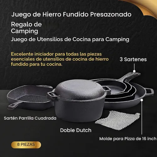 Vista 5 de Bruntmor Juego de utensilios de cocina de hierro fundido de 8 piezas - Juego de ollas y sartenes pre-sazonadas con sartenes de hierro fundido
