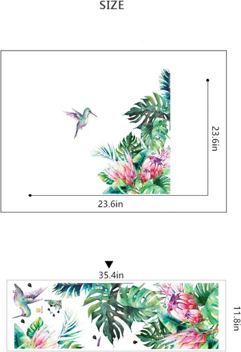 Vista 2 de Calcomanías de pared de hojas tropicales, hojas verdes, flores, calcomanías de pared de palmera, plantas, pájaros, calcomanías para ventana