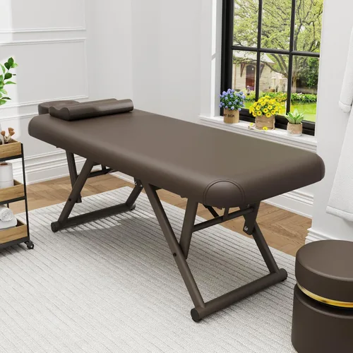 Vista 5 de pouseayar Mesa de masaje ajustable con almohada facial y reposacabezas, resistente y sólida, silenciosa y fácil de ajustar, respaldo fijo, marrón